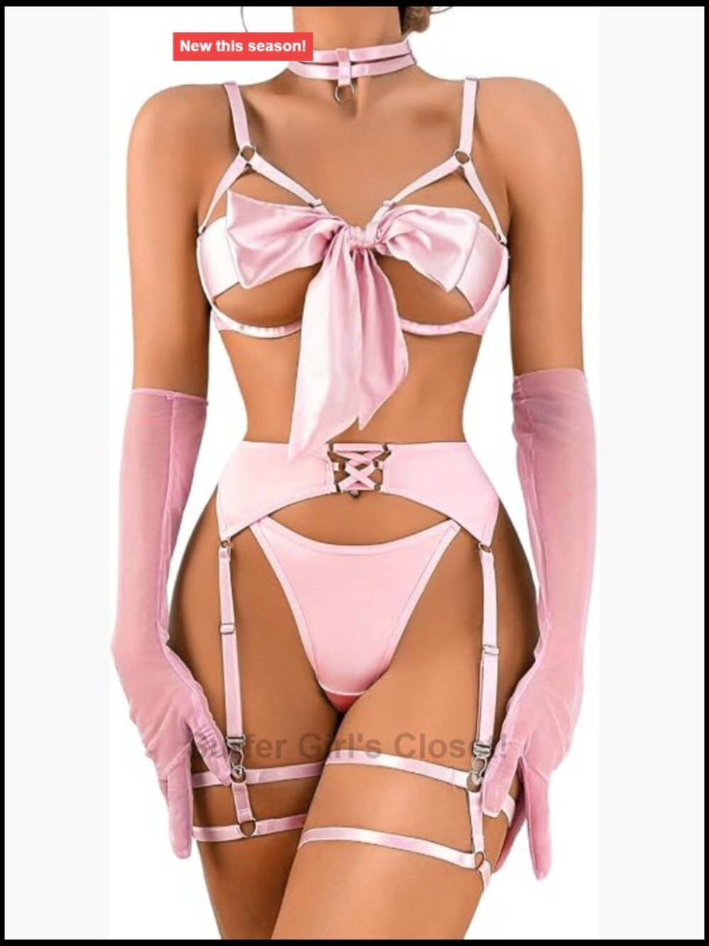 Sexy Bow Lingerie Set with Garter Belt, Strappy, Underwire, 6 Piece